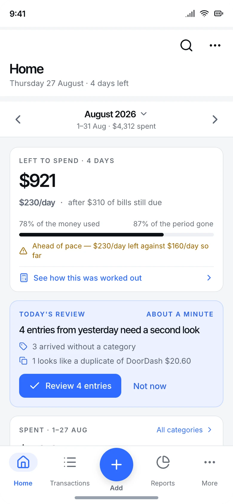 CashSpell home screen showing $921 left to spend with four days of the month to go