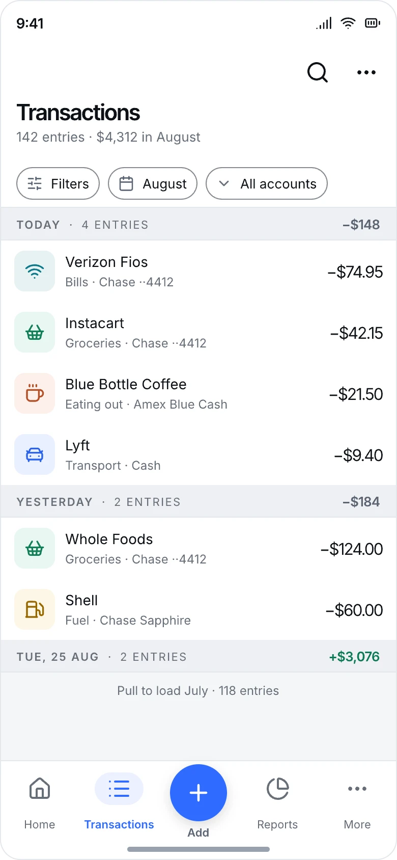 The transactions list grouped by day